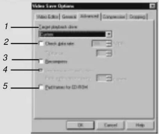Video Save Options 1 2 3 4 5 Video Editor | General | Advanced | Compression | Dropping | Target playback dose System Check data rate Decompression Path transfer for CD/CDM OK Cancel Help