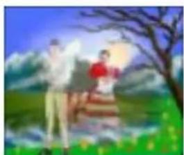 Illustration of two people standing in a grassy field with a bare tree and distant mountains (no text or symbols)