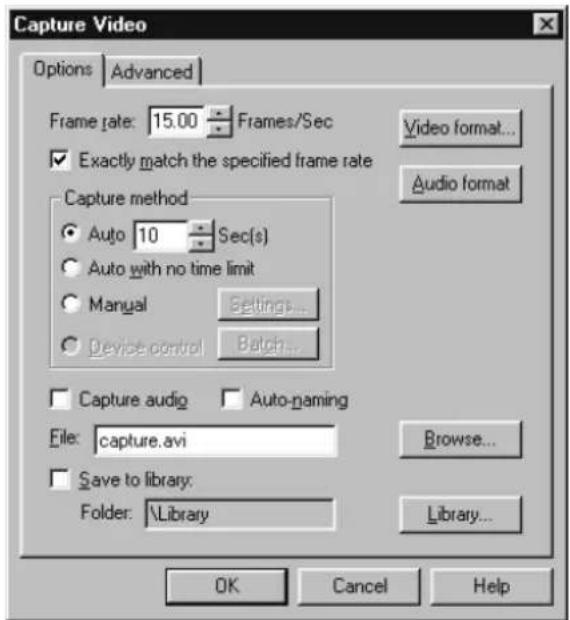 Capture Video Options | Advanced | Frame rate: 15.00 Frames/Sec Video format... ✓ Exactly match the specified frame rate Capture method ● Auto 10 Sec(s) ○ Auto with no time limit ○ Manual Settings... ○ Device control Batch... Capture audio □ Auto-naming File: capture.avi Browse... Save to library: F…