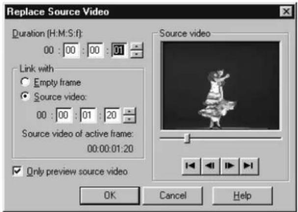 Replace Source Video Duration (H:M:S:f): 00 : 00 : 00 : 01 Link with Empty frame Source video: 00 : 00 : 01 : 20 Source video of active frame: 00:00:01:20 Only preview source video Source video OK Cancel Help
