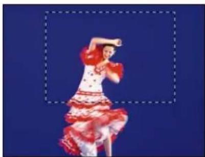 Dancer performing in red and white costumes against a solid blue background (no text or symbols visible)
