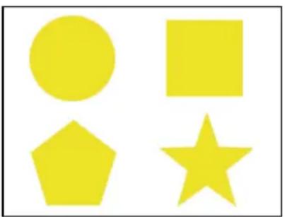 Four yellow geometric shapes (circle, square, pentagon, star) arranged in a 2x2 grid on white background (no text or symbols)