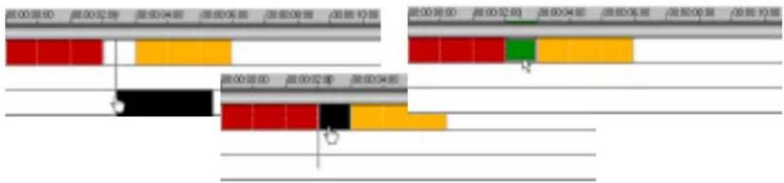 Cropped image showing three labeled audio tracks with colored segments and time markers, likely from a video editing interface.