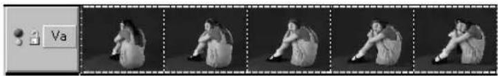 Sequence of five grayscale images showing a person sitting on a chair, with no visible text or symbols.