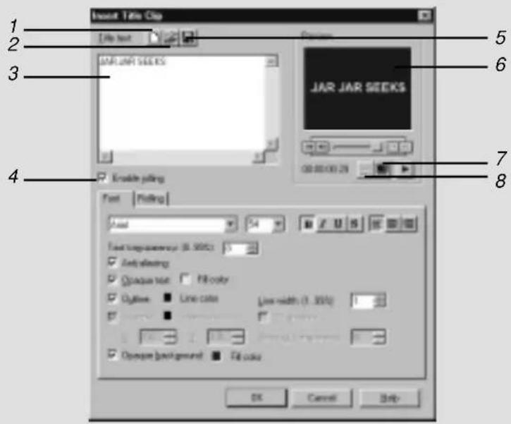 Insert Title Clip File text JAR JAR SEEKS JAR JAR SEEKS 00:00:00:25 Enable ping Font Picking Width 54 F U S Text length: 100.0000 Ant-aliasing Opaque text Fill color Oblation: Line color Line width (0.3000) Openage background Fill color OK Cancel Help