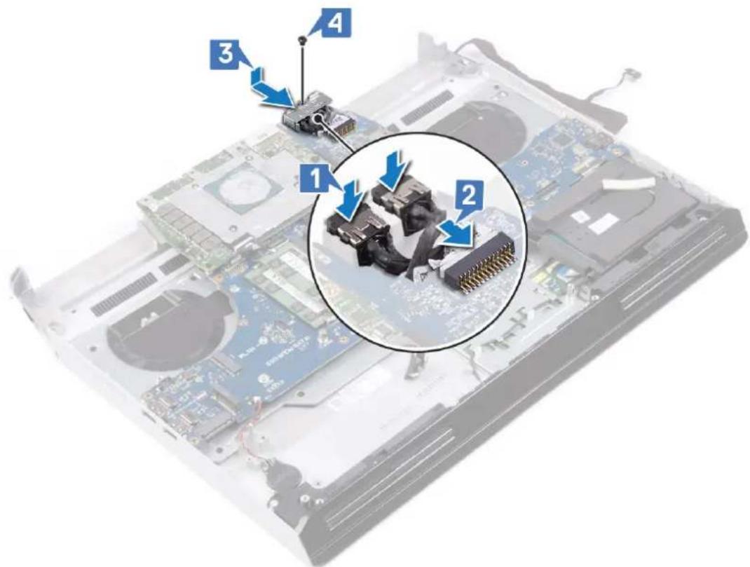 Laptop screen with labeled components and a magnified inset showing disassembled hardware parts