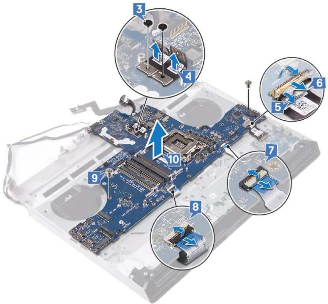 Labeled diagram of a computer motherboard showing numbered components with arrows indicating assembly or repair steps.