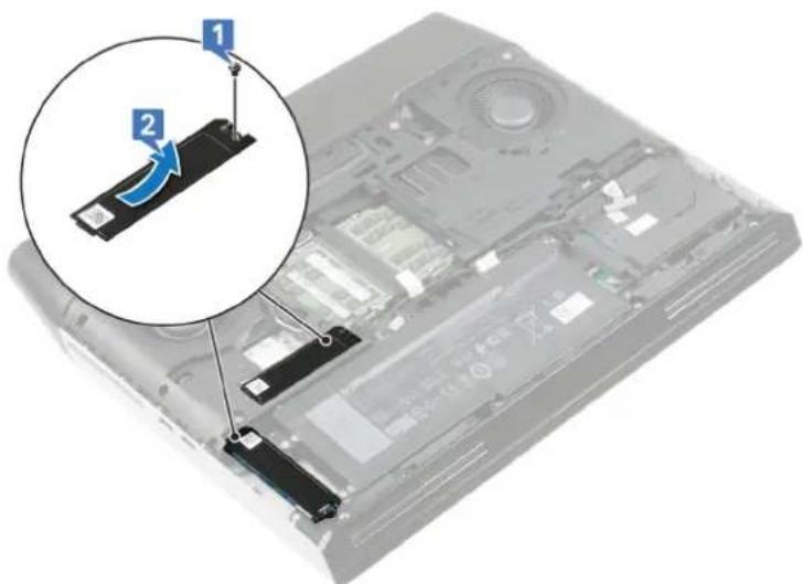 Laptop screen with labeled components and a magnified inset showing a device being inserted into a drive module.