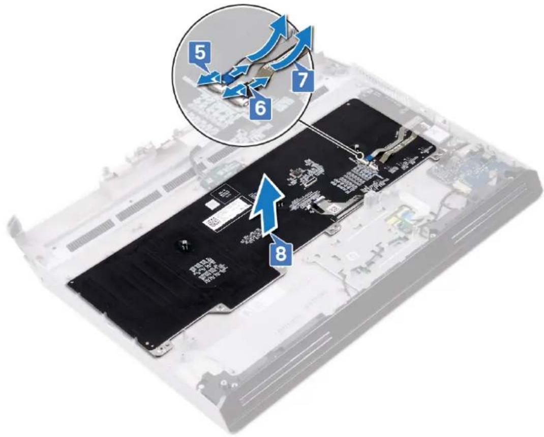 Laptop screen with numbered annotations pointing to internal components, highlighting a blue lightning bolt mechanism.