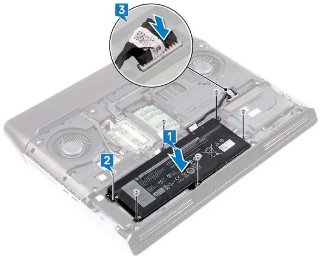 Laptop battery rear panel with labeled components and a magnified inset showing a QR code sticker.