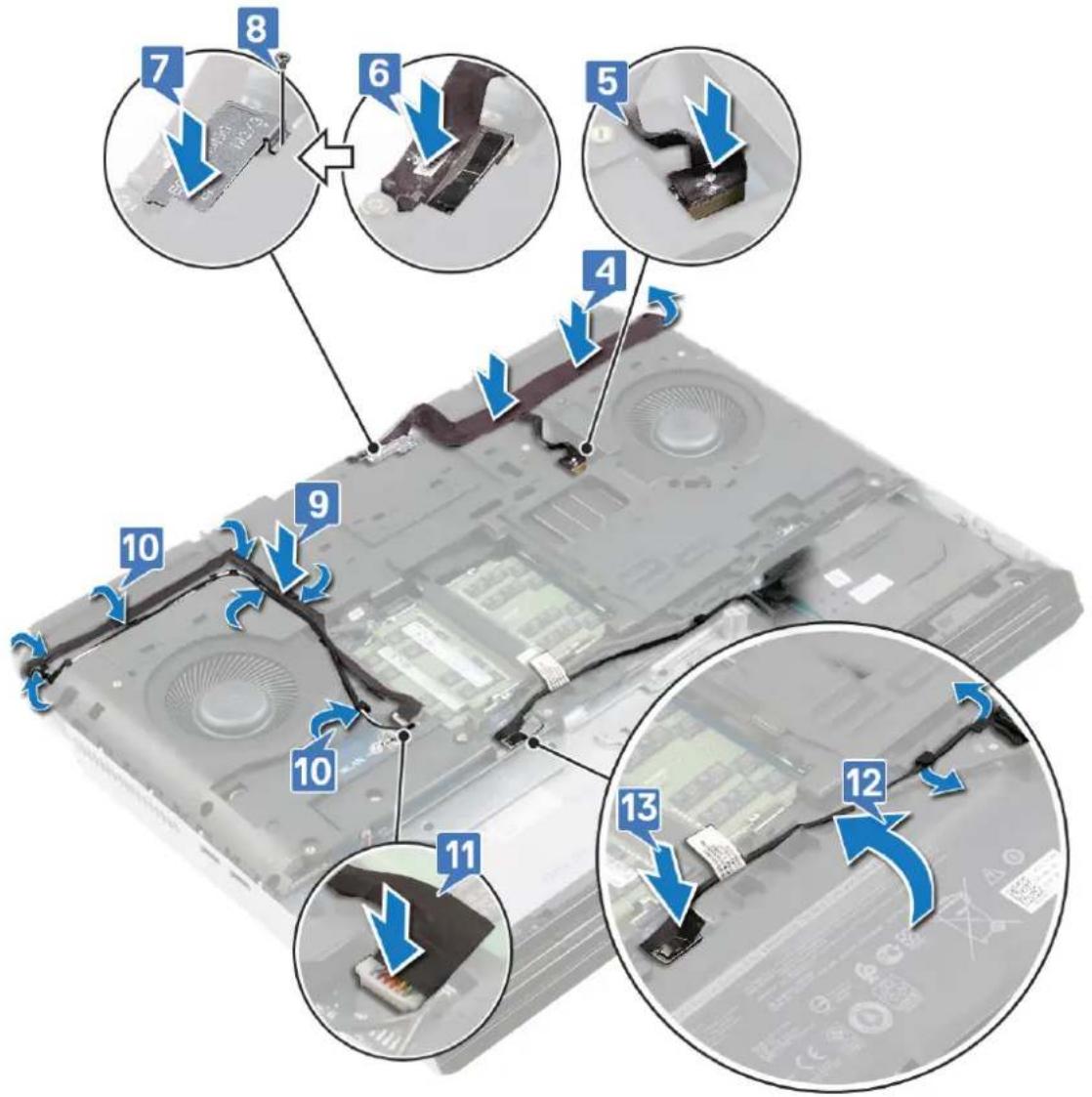 Laptop keyboard diagram with numbered annotations indicating cable or connector disassembly steps
