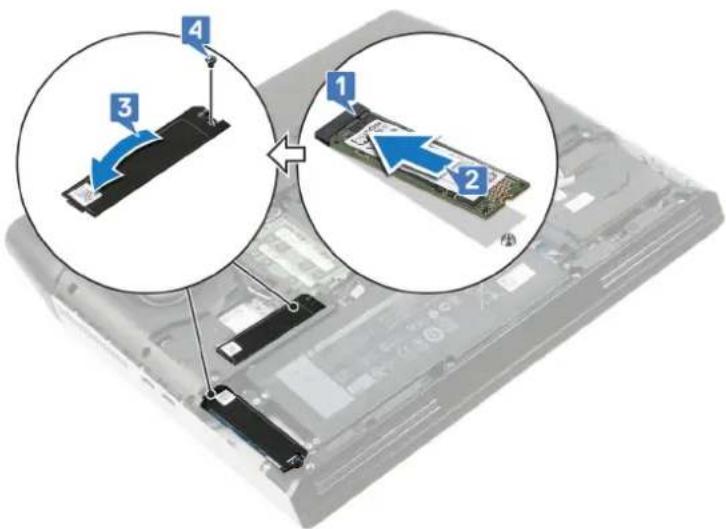 Diagram showing a computer RAM module being inserted into an drive, with numbered annotations indicating component placement.