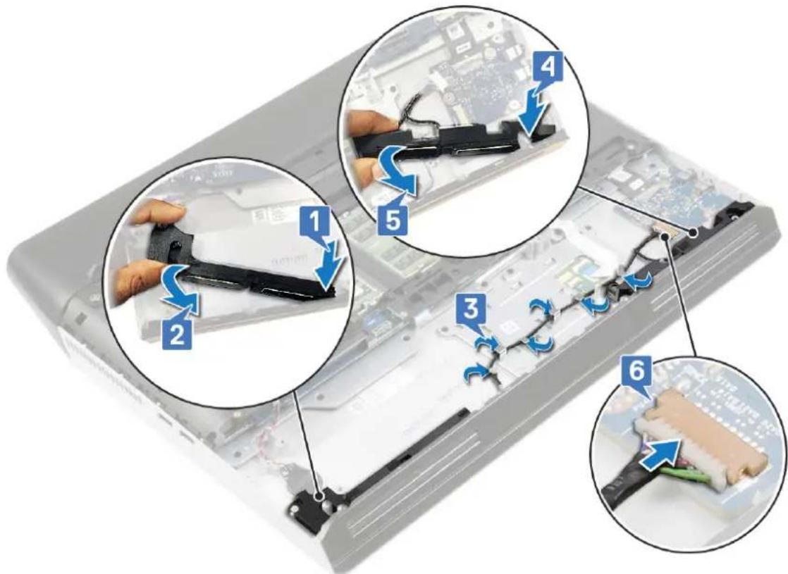 Laptop hardware component diagram showing six steps of battery disassembly with labeled arrows indicating process flow.