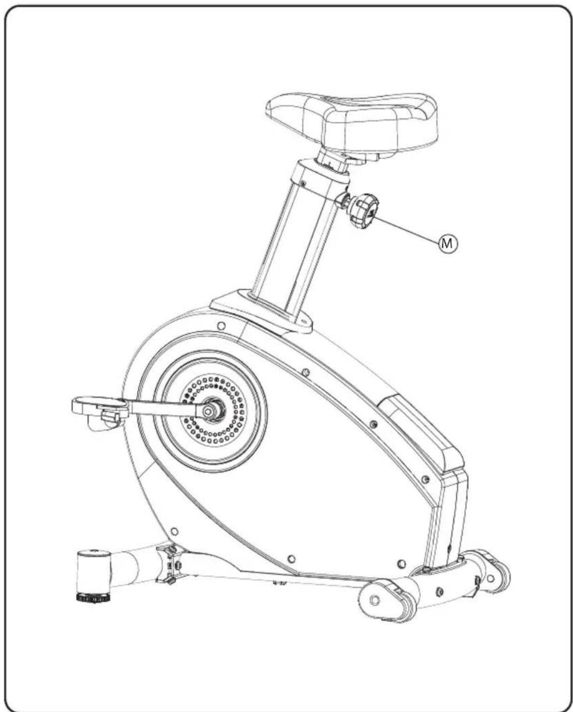 Technical line drawing of a stationary exercise bike with labeled component M