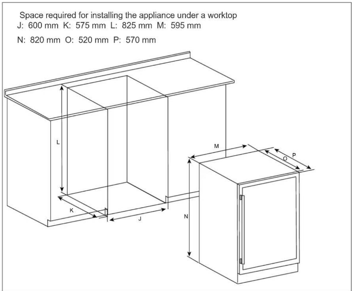 Space required for installing the appliance under a worktop J: 600 mm K: 575 mm L: 825 mm M: 595 mm N: 820 mm O: 520 mm P: 570 mm