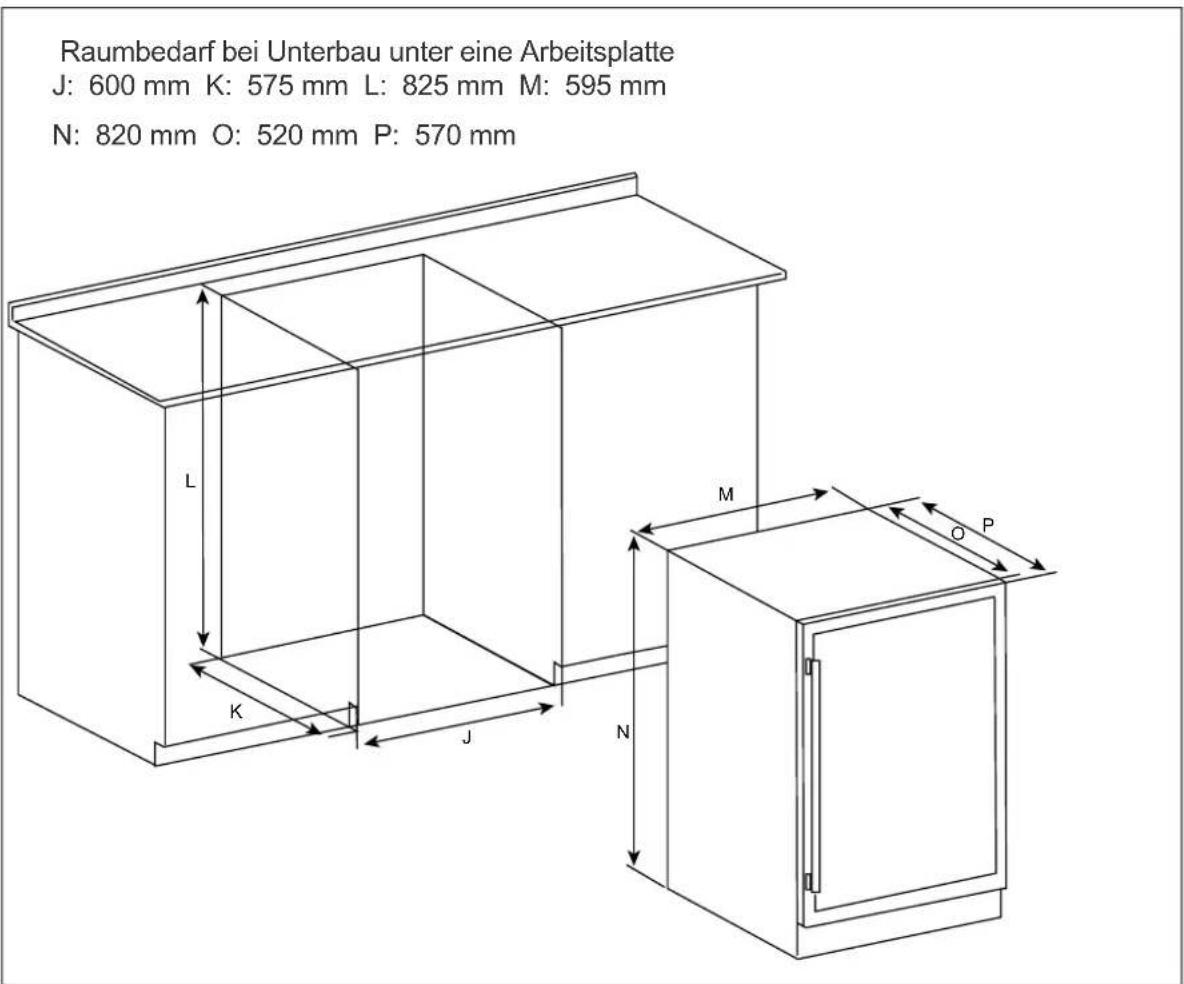Raumbedarf bei Unterbau unter eine Arbeitsplatte J: 600 mm K: 575 mm L: 825 mm M: 595 mm N: 820 mm O: 520 mm P: 570 mm