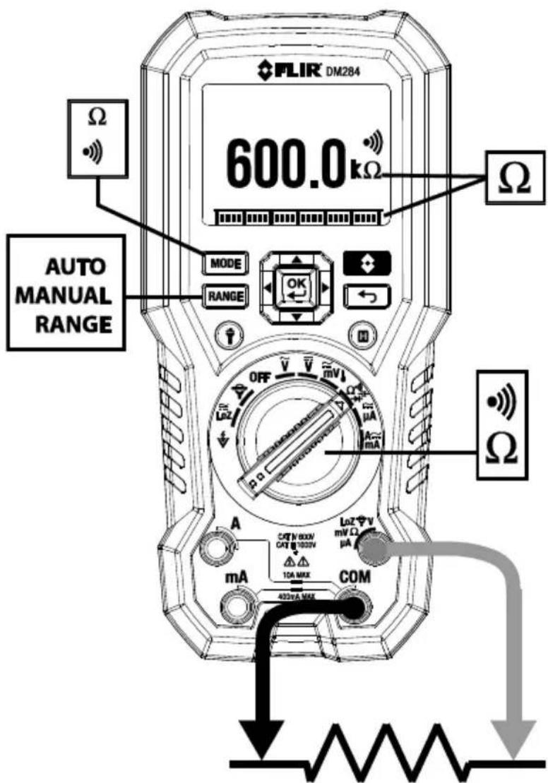 FLIR DM284 600.0 kΩ Ω MODE RANGE AUTO MANUAL RANGE OFF V̅ V̅ mV A CAT N 800W CAT 1000W 10A MAX mA COM 400mA MAX Ω