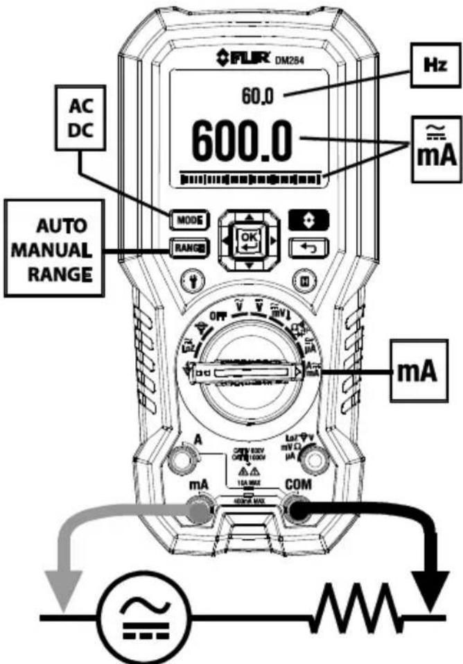 FLR DM284 60.0 600.0 Hz mA AC DC MODE RANGE OK AUTO MANUAL RANGE mA A 10A MAX COM 400mA MAX mA