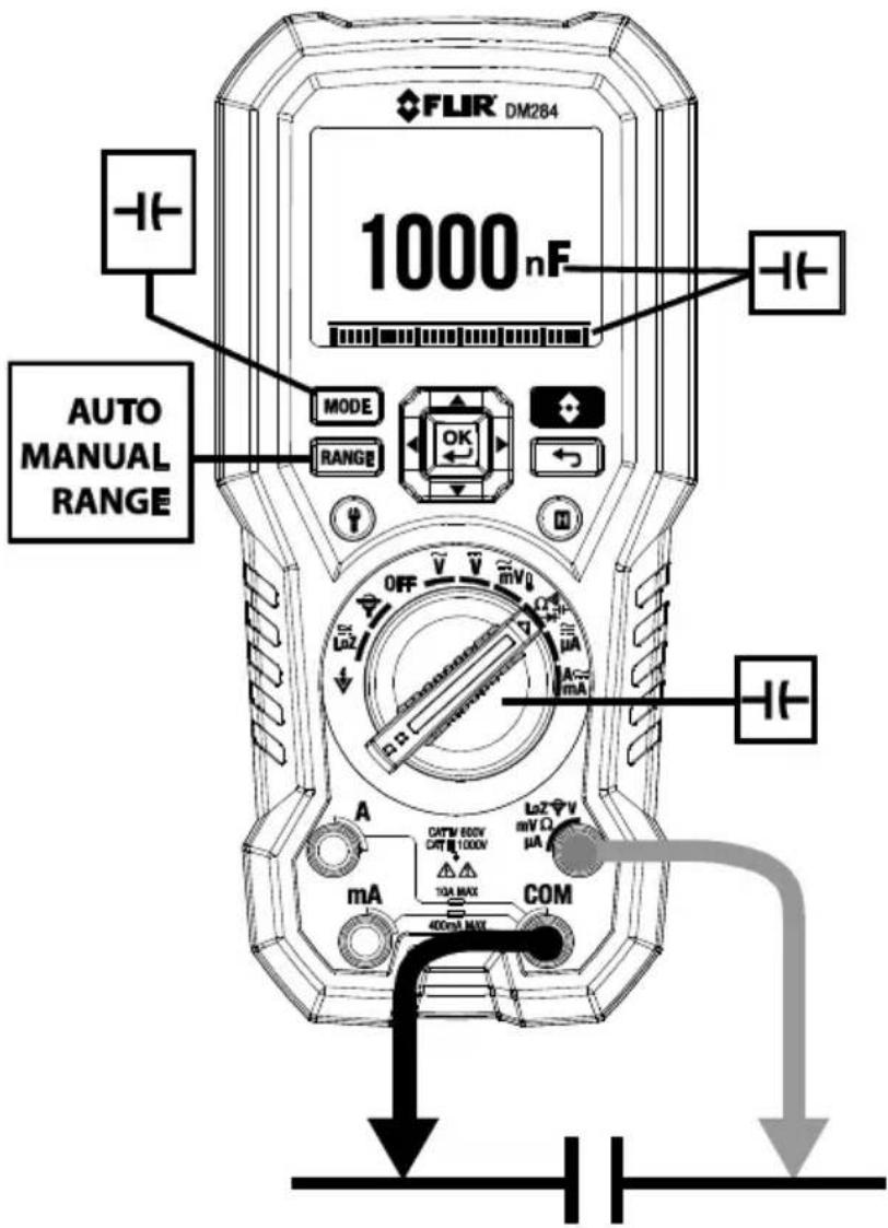 FLIR DM284 1000 nF AUTO MANUAL RANGE MODE RANGE OFF V V mV OK A A CATM 600V CATM 1000V 10A MAX 400mA MAX LAZ V mV Ω μA COM -+ - -+ -