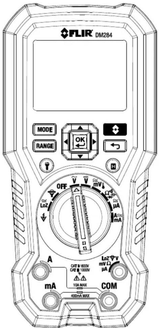 FLIR DM284 MODE RANGE OK OFF V V mV Ω μA A mA LOZ CAT 600V CAT 1000V A mA 10A MAX 400mA MAX LOZ V mV Ω μA COM