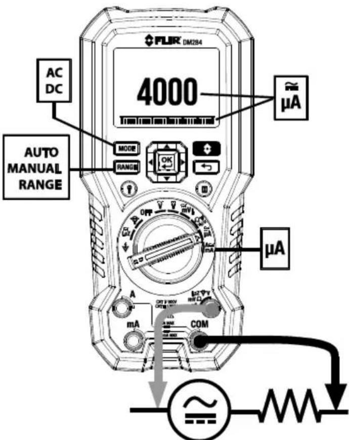 FLIR DM284 4000 AC DC μA AUTO MANUAL RANGE MODE RANG OK OFF V mA μA A mA COM ~