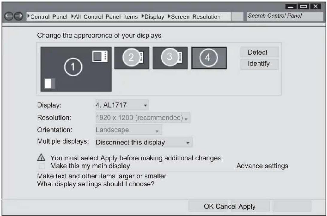 Control Panel >All Control Panel Items >Display >Screen Resolution Search Control Panel Change the appearance of your displays 1 2 3 4 Detect Identify Display: 4. AL1717 Resolution: 1920 x 1200 (recommended) Orientation: Landscape Multiple displays: Disconnect this display You must select Apply before making additional changes. Make this my main display Advance settings Make text and other items larger or smaller What display settings should I choose? OK Cancel Apply