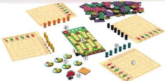 Illustrated board game setup with labeled zones and board layout, showing various board arrangements and player positions.
