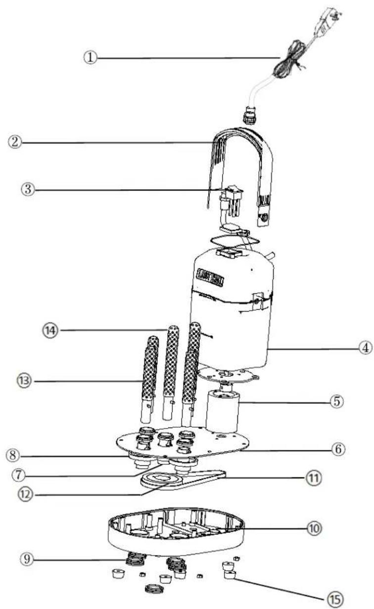 Exploded view diagram of a cleaning or cleaning device with numbered parts for identification