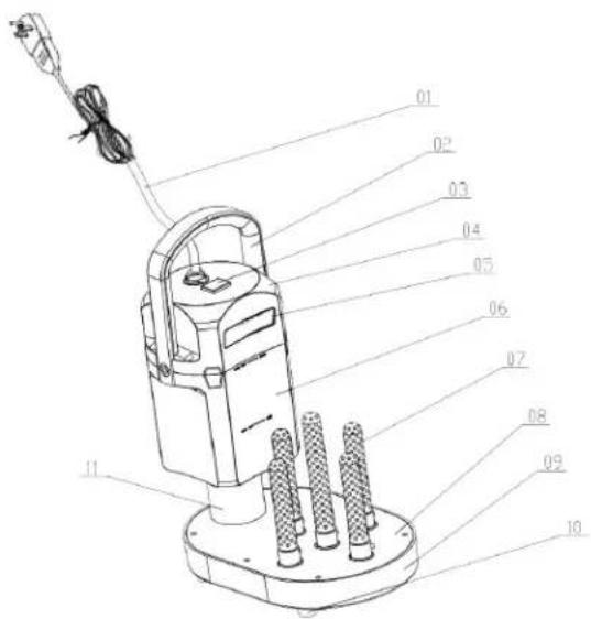 Technical diagram of a handheld device with numbered parts labeled 01 to 11, likely for assembly or labeling purposes.