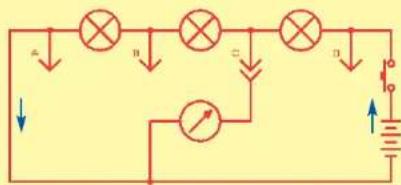 Electrical circuit diagram with light bulbs, a variable resistor, and a battery, showing current direction arrows