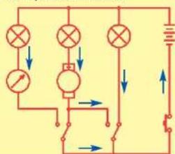 Electrical circuit diagram with three parallel bulbs, switches, and directional arrows indicating current flow or measurement points.