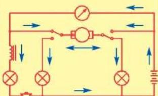 Electrical circuit diagram with switches, bulbs, and current indicators