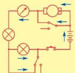 Electrical circuit diagram with light bulbs, resistors, and a battery, showing current direction arrows