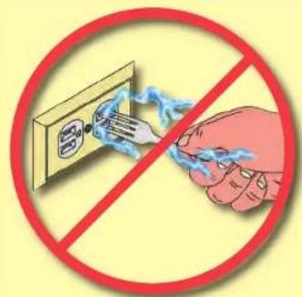 Safety warning symbol showing a hand using a tool to clean electrical outlets, crossed out by a red prohibition circle.