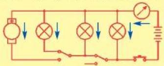 Electrical circuit diagram with light bulbs, a variable resistor, and a battery, showing current direction arrows