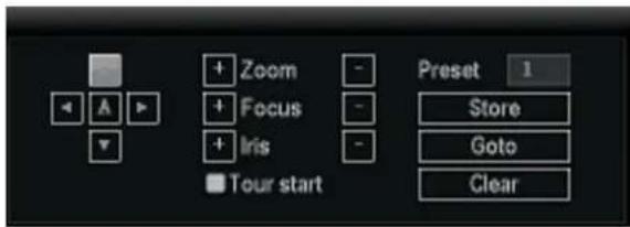 + Zoom + Focus + Iris ■ Tour start Preset 1 Store Goto Clear