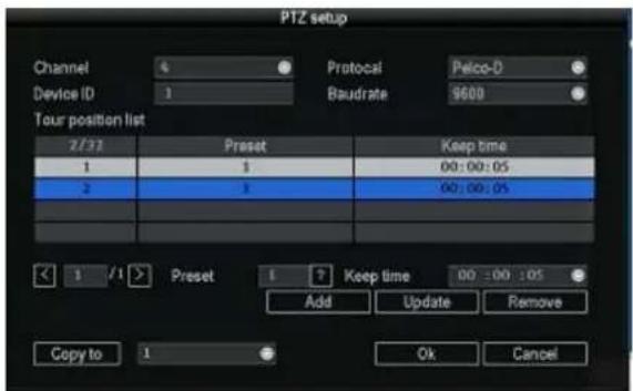 PTZ setup Channel 4 Protocol Pelco-D Device ID 1 Baudrate 9600 Tour position list 2/32 Preset Keep time 1 1 00:00:05 2 3 00:00:05 1 /1 Preset Keep time 00:00:05 Add Update Remove Copy to 1 Ok Cancel