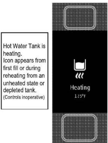 Hot Water Tank is heating. Icon appears from first fill or during reheating from an unheated state or depleted tank. (Controls inoperative) Heating 125°F