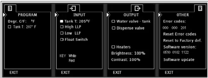 PROGRAM Degr. C/F: °F Tank T: 207° F INPUT Tank T: 205°F High LLP Low LLP Float Switch KEY White Red OUTPUT Water valve - tank Dispense valve Heaters Brightness: 100% Contrast: 100% OTHER Error codes: 000 000 201 Reset Error codes Reset to Factory def. Software version: 0510 0102 1122 Software update EXIT EXIT EXIT EXIT