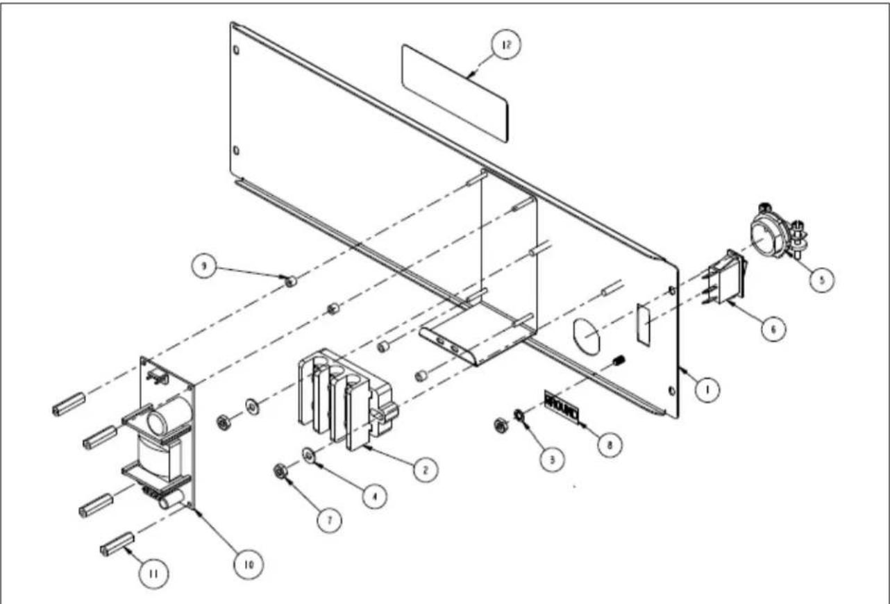 Technical diagram of an electronic device with numbered components for identification and assembly reference.