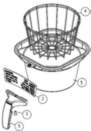 Technical diagram of a cleaning brush with labeled parts including a basket, handle, and tool