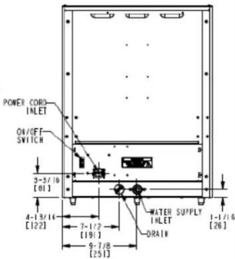 POWER CORD INLET ON/OFF SWITCH 3-5/16 [81] 4-13/16 [122] 7-1/2 [191] 9-7/8 [251] WATER SUPPLY INLET DRAIN 1-1/16 [26]