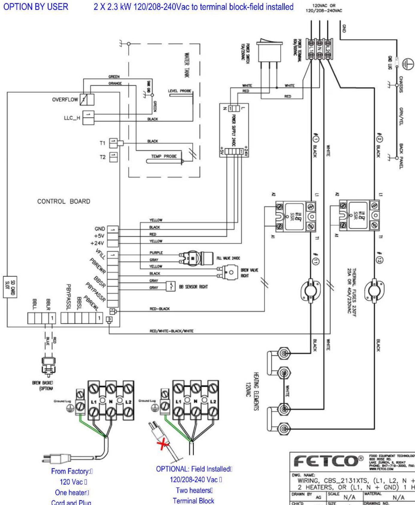 OPTION BY USER 2 X 2.3 kW 120/208-240Vac to terminal block-field installed 120VAC OR 120/208-240VAC OVERFLOW LLC_H T1 T2 GREEN ORANGE MKN 600 GREEN BLACK LEVEL PROBE WATER TANK N POWER SURVE 740kC +5V T1 T2 BLACK TEMP PROBE CONTROL BOARD GND +5V +24V YELLOW BLACK RED YELLOW FULL WUE 240kC BREW RVR BBSR BBPASSR BBPSR BBPSR/WL PBYPASS PBYPASSR PBYPASSR/WL RED-BLACK RED/WHITE-BLACK/WHITE BREW VALVE RIGHT RED-BLACK HEATING ELEMENTS 120VAC From Factory: 120 Vac One heater Cord and Plug Ground Lug Ground Lug OPTIONAL: Field Installed: 120/208-240 Vac Two heaters Terminal Block OPTIONAL: Field Installed: 120/208-240 Vac Two heaters Terminal Block DWG. NAME: WIRING, CBS_2131XTS, (L1, L2, N + 2 HEATERS, OR (L1, N + GND) 1 H DRAWN BY AG SCALE MATERIAL N/A CHIK'D SIZE DRAWING NO. FETCO® FODO EQUIPMENT TECHNOLOGY 800 ROSE RD. LAKE ZURCH, IL 80047 PHONE: 847-718-3000, FAX: WWW.FETCO.COM