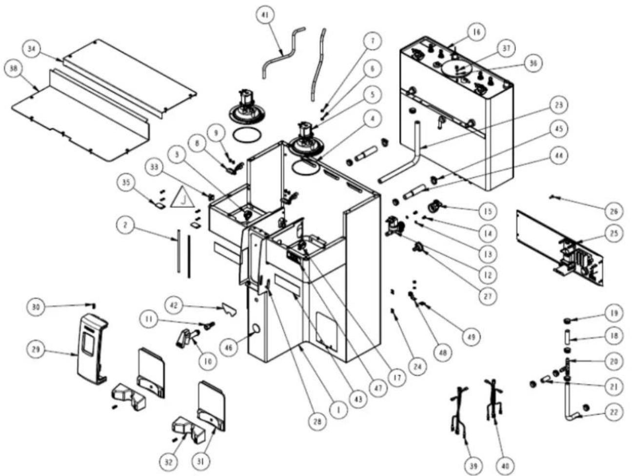Exploded view diagram of a refrigerator internal components with numbered parts for identification