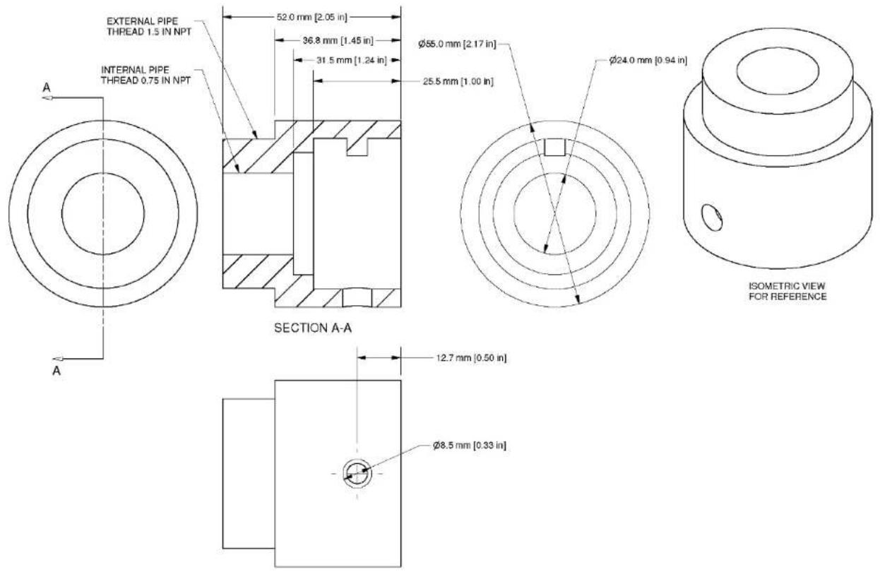 EXTERNAL PIPE THREAD 1.5 IN NPT INTERNAL PIPE THREAD 0.75 IN NPT SECTION A-A Ø55.0 mm [2.17 in] Ø24.0 mm [0.94 in] Ø8.5 mm [0.33 in] A A 12.7 mm [0.50 in] ISOMETRIC VIEW FOR REFERENCE