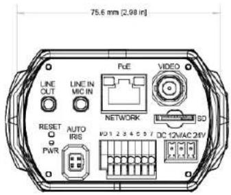 75.6 mm (2.98 in) LINE OUT LINE IN MIC IN FUE VIDEO NETWORK RESET AUTO IRIIS PWR 101 2 3 4 5 6 7 DC 12VAC 24V 3D