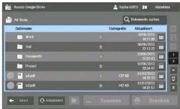 Access Google Drive All Items Dokumente suchen DatemeName Datogeöse Aktualisiert Work 10/06/2013 18:21:00 Text 06/06/2013 22:12:22 Documents 03/06/2013 71:07:40 Project 03/06/2013 20:54:47 a4.pdf 137 KB 01/07/2013 14:31:19 a3.pdf 142 KB 01/07/2013 14:31:57 Zurück Aktualisiert Scannen Drücken