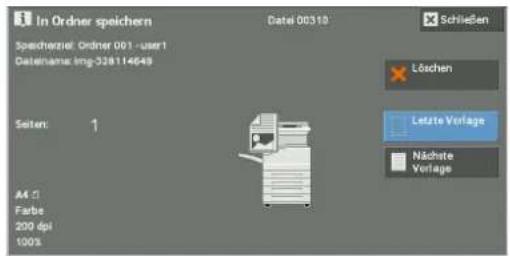 In Ordner speichern Spercherziel, Ordner 001 - user1 Datelnames.Eng:328114649 Seiten: 1 A4 5 Farbe 200 dpi 100% Datei 00310 Schließen Löchen Letzte Vorlage Nächsite Vorlage