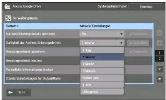 Access Google Drive Systemadministrator Deenden Verwaltungsmens Elemente Actual Einstellungen Authenüftizierungsdefauls speichern Ein Gutigkeit der Authenüftizierungsdefauls 1 Woche Benautzerprotektell speichern 1 Tag Benautzerprotektell loschen 1 Woche 1 Monat Personliche Informationen loschen 3 Monats Standardanstellungen für Datum/Name Höhe: Jahr 1 Jahr Unbegrennt Zurück