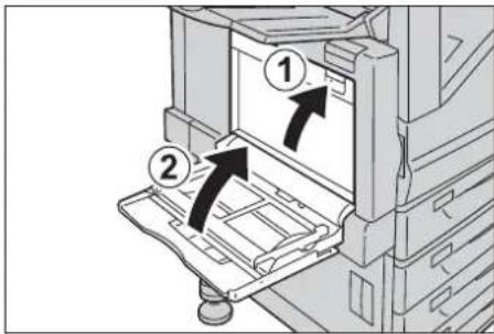 Diagram showing two labeled components (① and ②) of a printer or scanner device with arrows indicating movement or assembly.